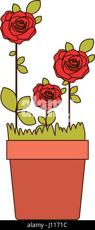 colorful realistic red roses planted with leaves in flowerpot Stock Vector
