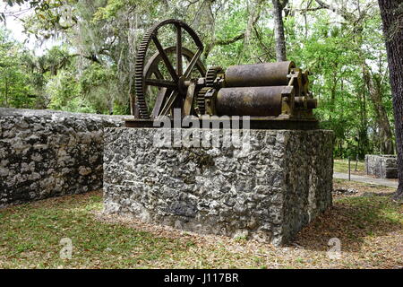 Roller mill used to crush sugar cane, Yulee Sugar Mill Ruins Historic State Park, Homosassa, Florida Stock Photo