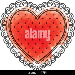 watercolor drawing of heart with decorative frame in red color with dots Stock Vector