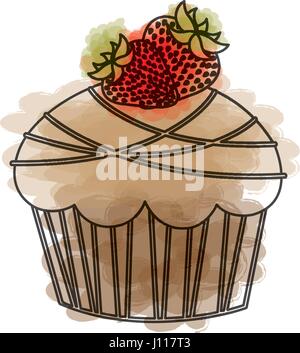 watercolor drawing of cupcake with two strawberry fruits Stock Vector