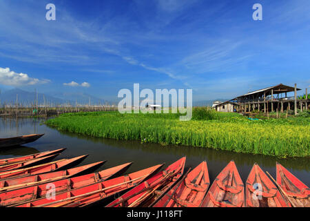 Boats on Rawa Pening lake, Semarang, Central Java, Indonesia Stock Photo
