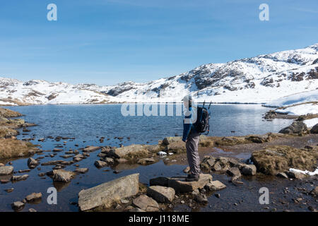 A lone walker at Sprinkling tarn in the English Lake District Stock Photo
