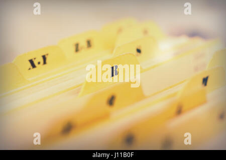 Close up of alphabetical index cards in a box Stock Photo