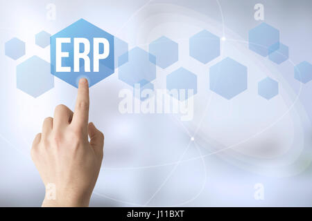 hand touching a touch screen interface with erp Stock Photo