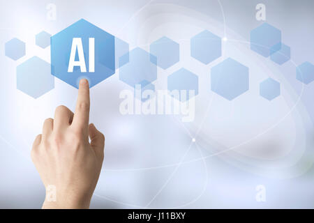 hand touching a touch screen interface with artificial intelligence Stock Photo