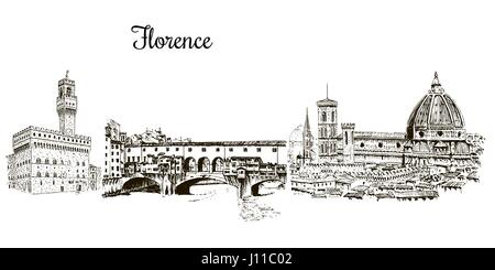 Set of Florence symbols silhuettes. Cityline. Duomo Santa maria del fiore, Palazzo Vecchio, Ponte Vecchio bridge Stock Vector