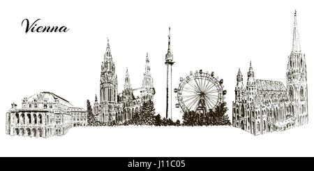 Set of Vienna symbols silhuettes. Cityline. Donauturm, Stephansdom, Rathaus, Prater, Vienna State Opera House. Stock Vector