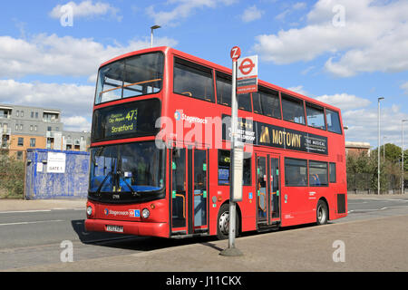 473 red double decker bus at bus stop in Newham London England UK Stock Photo