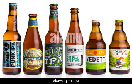 Collection of Brewdog, Anchor, Flying Dutchman, Monteiths, Vedett and La Chouffe Indian Pale Ale beers isolated on a white background