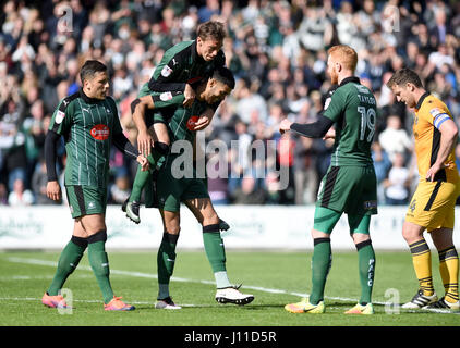 Plymouth Argyle's Jake Jervis (centre bottom) celebrates scoring his side's sixth goal of the game during the Sky Bet League Two match at Home Park, Plymouth. Stock Photo