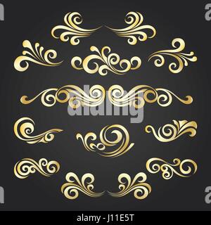 Set of Golden decorative curly shapes. Vintage elements drawn in victorian style for your design. Vector illustration. Stock Vector