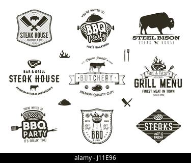 Set of vintage steak house, bbq party, barbecue grill badges, labels. Retro typography hand drawn style. Butcher logo design with letterpress effect.Vector illustration isolated on white background Stock Vector
