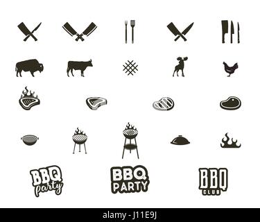 Vector Steak house and grill silhouette textured icons. Black shapes isolated on white background. Included grill equipment, tools, elements and typography signs - bbq party concept and other. Stock Vector