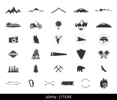 Outdoor adventure silhouette icons set. Climb and camping shapes collection. Simple black pictograms bundle. Use for creating logo, labels and other hiking, surf designs. Vector isolated on white. Stock Vector