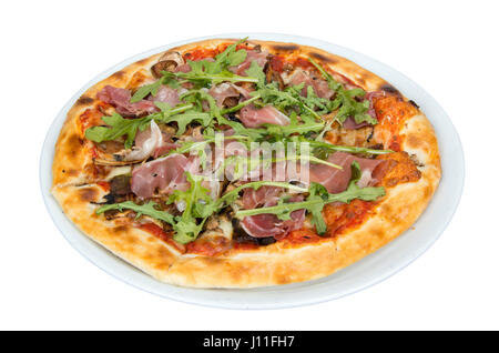 Pizza on a white background with tomato sauce, bacon and mushrooms. Stock Photo