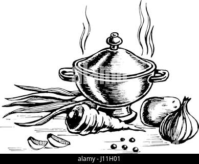 Tureen and for cooking vegetables. Stock Vector