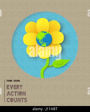 Earth day paper cut out flower with planet inside and quote. World environment concept typography illustration. EPS10 vector. Stock Vector