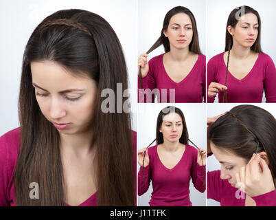 simple hairstyle braided hoop with loose hair. Hairstyle tutorial for long hair step by step Stock Photo