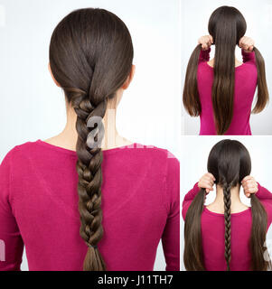 Hair tutorial. Hairstyle one simple braid tutorial step by step. Backstage technique of weaving plait Stock Photo