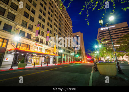 Buildings along Market Street at night, at Rodney Square, in Wilmington, Delaware. Stock Photo