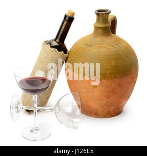 glass of wine, bottle and amphora isolated on white background Stock Photo