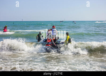 Jet skis waiting at start of race on beach at Spanish Championship april 2017, Jet ski, jetski, Benalmadena, Andalusia, Spain. Stock Photo