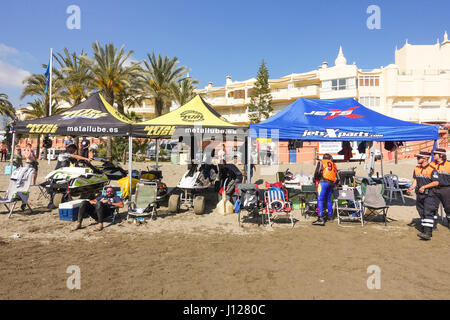 Jet skis being prepared on beach at Spanish Championship april 2017, Jet ski, jetski, Benalmadena, Andalusia, Spain. Stock Photo