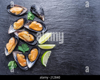 Boiled mussels on the graphite background.