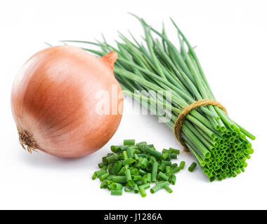 Green onions and bulb onion isolated on the white background. Stock Photo