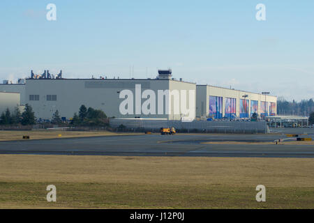 EVERETT, WASHINGTON, USA - JAN 26th, 2017: Boeing's New Livery Displayed on Hangar Doors of Everett Boeing Assembly Plant at Snohomish County Airport or Paine Field Stock Photo