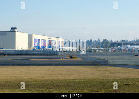 EVERETT, WASHINGTON, USA - JAN 26th, 2017: Boeing's New Livery Displayed on Hangar Doors of Everett Boeing Assembly Plant at Snohomish County Airport or Paine Field