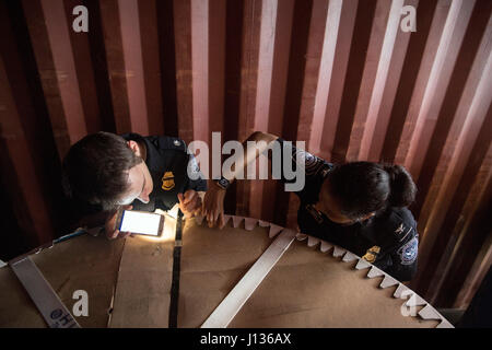 U.S. Customs and Border Protection, Office of Field Operations, Agriculture Operations Manager Samuel Broom, left and National Agriculture Cargo Targeting Unit Branch Chief Nidhi Singla inspect the underside of cardboard wrapping large aluminum rolls in a shipping container for invasive plants and insects amongst imported goods at the Port of Baltimore, April 4, 2017. In addition to protecting to product, the cardboard also provides an area for pests to take refuge and seeds to collect. U.S. Customs and Border Protection Photo by Glenn Fawcett Stock Photo