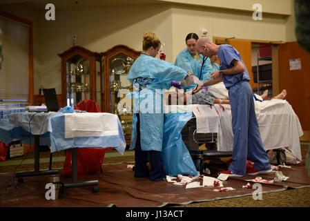 Maj. Hans Watson, acting as an emergency room doctor, checks for signs of life on drunken driving victim while Tech. Sgt. Lauren Pelkey uses a handheld resuscitator and Airman 1st Class Yolanda Alvarez Hernandez performs chest compressions April 12, 2017, at the Grizzly Bend at Malmstrom Air Force Base, Mont. The event was part of “Live or Die,” a production helping members think about consequences before they get behind the wheel intoxicated. (U.S. Air Force photo Staff Sgt. Lindsey Soulsby) Stock Photo