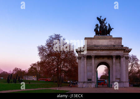 Sunset at Wellington Arch located to the south of Hyde Park in London Stock Photo