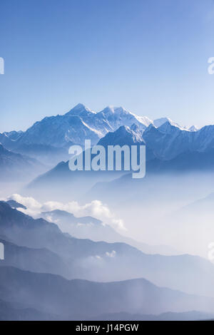 Daylight view of Mount Everest, Lhotse and Nuptse and the rest of Himalayan range from air. Sagarmatha National Park, Khumbu valley, Nepal. Stock Photo