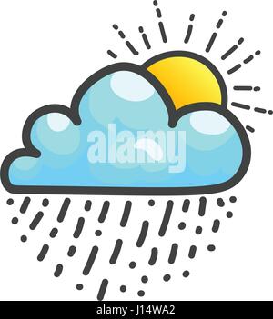 Cloud with rain drops and shining sun. Weather icon, vector hand drawn cartoon clip art, isolated on white Stock Vector