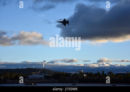 Canberra, Australia - March 18, 2017. An adrenalin rushing RAAF F/A-18F Super Hornet jet handling display at Regatta Point in the Commonwealth Park. Stock Photo