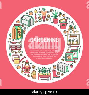 Gardening, planting and horticulture banner with vector colored line icon. Garden equipment, organic seeds, greenhouse, pruners watering can, tools. Vegetables, flower cultivation thin linear poster Stock Vector