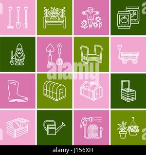 Gardening, planting and horticulture line icons. Garden equipment, organic seeds, fertilizer, greenhouse, pruners, watering can and other tools. Vegetables, flower cultivation linear signs Stock Vector
