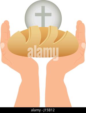 color silhouette of hands holding bread with sphere with cross symbol in background Stock Vector