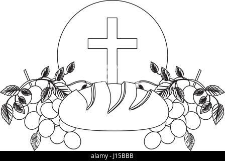 black silhouette with communion religious icons of bread and grapes and christian cross Stock Vector