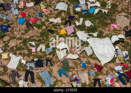 Drying clothes along the banks of the Ikopa River in the Madagascan capital of Antananarivo Stock Photo