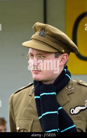 Stowe Maries Airfield Essex ,United Kingdom - May 14 2014 :  World war one flying corps member in recreation event wearing officer's uniform Stock Photo