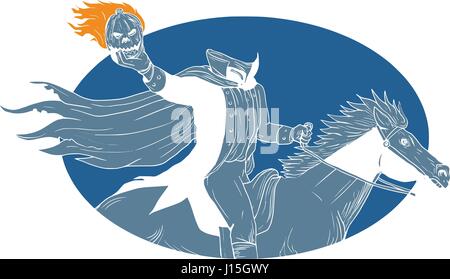 Drawing sketch style illustration of a headless horseman riding horse holding pumpkin head Jack-o-Lantern viewed from the side set inside oval shape o Stock Vector