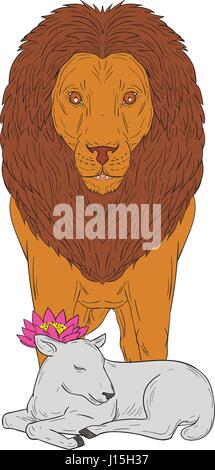 Drawing sketch style illustration of a lion standing over lamb with lotus flower on its head viewed from front set on isolated white background. Stock Vector