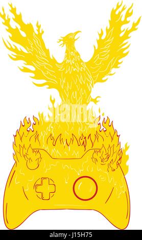 Drawing sketch style illustration of a phoenix looking to the side rising up from fiery flames, wings raised for flight over game controller set on is Stock Vector