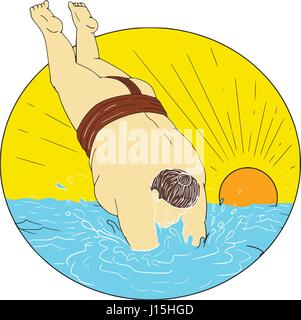 Drawing sketch style illustration of a Japanese sumo wrestler diving into water sea set inside circle with sunset in the background. Stock Vector