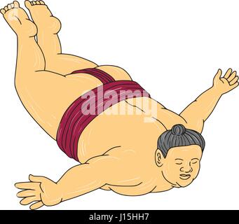 Drawing sketch style illustration of a Japanese sumo wrestler skydiving viewed from front set on isolated white background. Stock Vector
