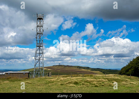 Communications mast at the southern top of Brown Clee Hill, looking towards the northern (highest) top, Shropshire, England, UK Stock Photo