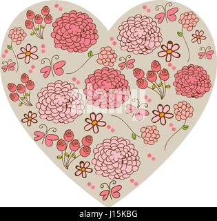 silhouette vintage heart with colorful pattern of flower and butterflies Stock Vector